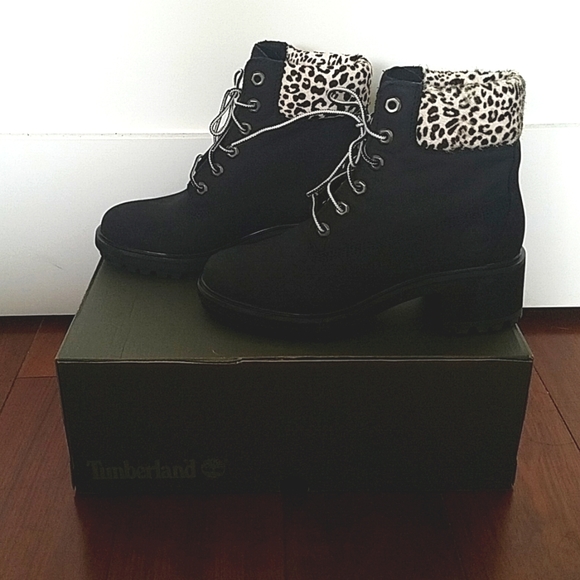 🎊HP🎊 NWT Timberland Black Kinsley w/ leopard print heeled lace-up booties 7.5 - Picture 2 of 7